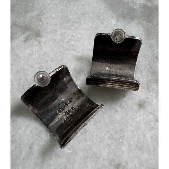 Vintage Taxco Mexico Sterling Silver Ribbed Wide Chunky Half Hoop Earrings - Picture 7 of 7